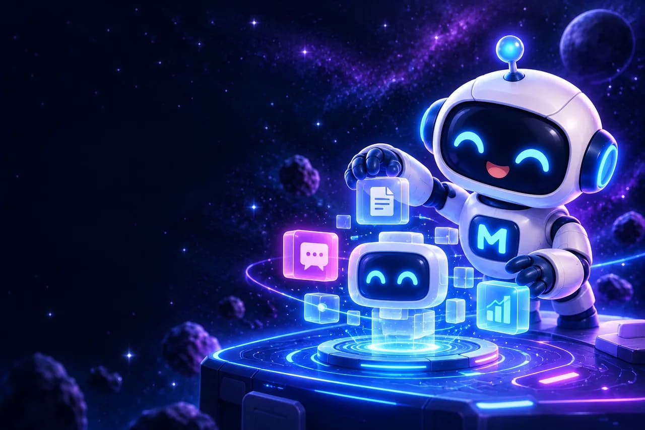 Maskot Mino merakit asisten AI kecil dari blok dokumen, chat, dan grafik